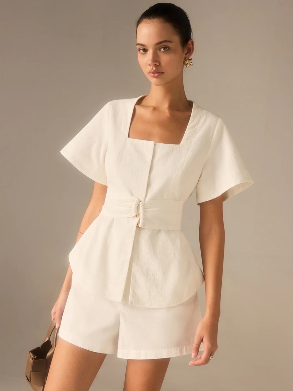 Commense Cotton Square Neckline Top with Belted Waist